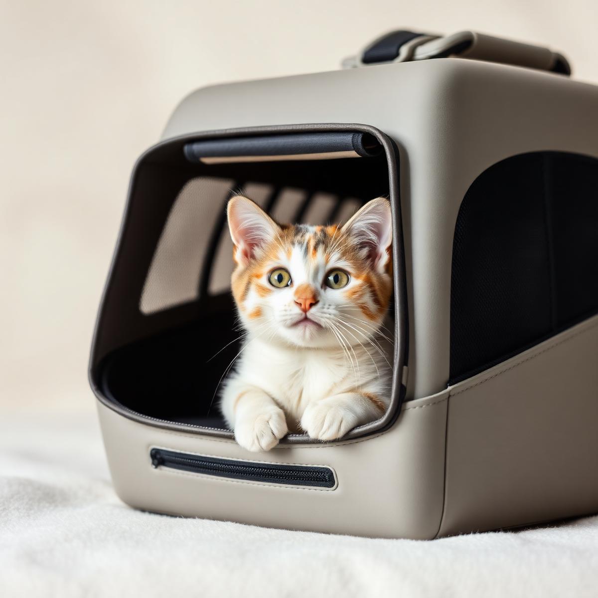 Gato dentro de caixa de transporte apropriada para viagem