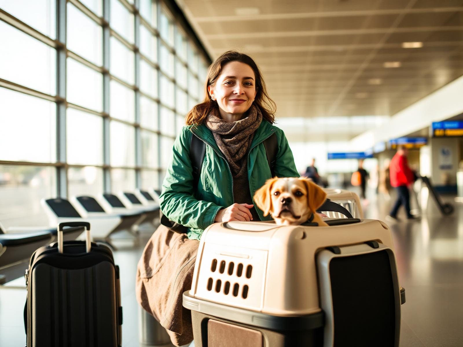 Tutora em ambiente de aeroporto ao lado de cão em caixa de transporte, transmitindo tranquilidade e planejamento